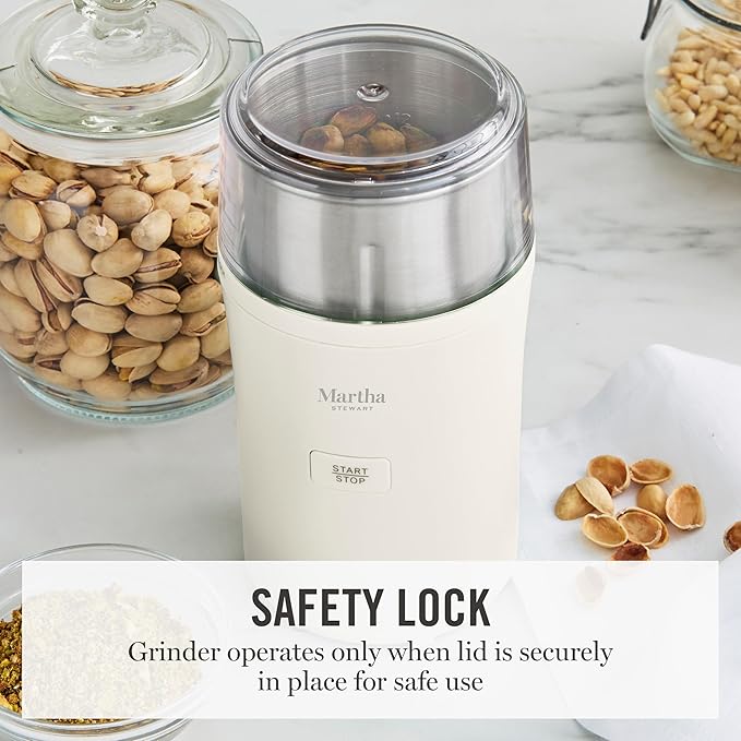 Martha Stewart Electric Coffee & Spice Grinder, Dual 2.5oz Removable Bowls, Storage Lids, Stainless Steel Blades, One Touch Pulse Control, 2-in-1 Compact, Beans & Spices, Herbs & Nuts, Linen White