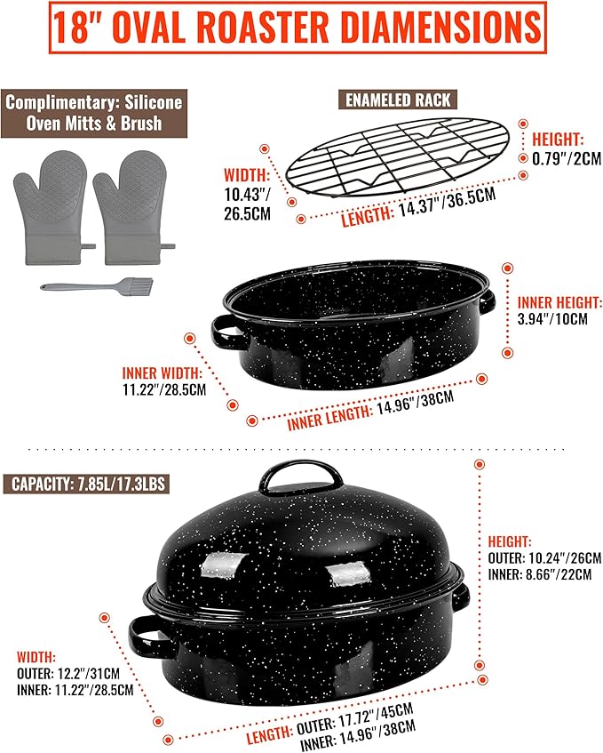 Roasting Pan with Lid & Rack 18 Inch Extra Large Deep Oven Baking Pot, Enamel Granite Non-Stick Oval Carbon Steel Pot for Turkey Chicken Ham Steak Non-Toxic for Mother Day Gift Roaster Pan