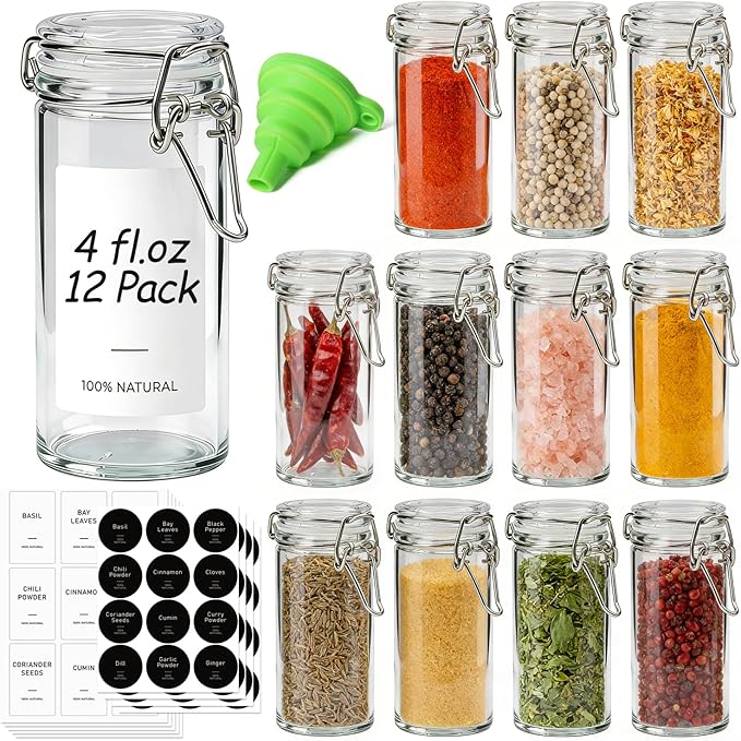 ComSaf 12 Pack 4 oz Glass Spice Jars with Airtight Swing Top Lids, Small Clear Containers for Pantry Organization, Herb Storage, DIY Crafts & Gifts - Complete Set Includes Funnel & Spice Labels