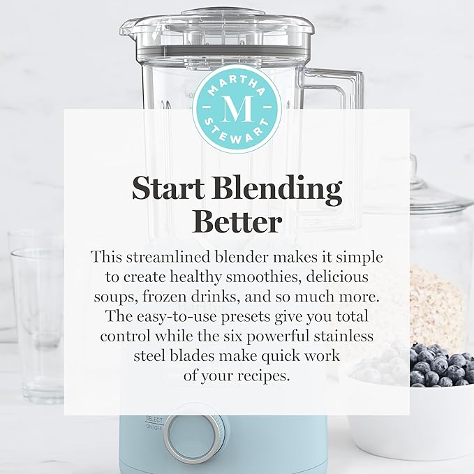 Martha Stewart 50oz Countertop Blender, Smoothie, Margarita & Ice Crushing Blender, BPA-Free Pitcher, 3 Speeds, 5 Presets, Auto-Clean Function, Dishwasher Safe, Stainless Steel Blades, Sky Blue
