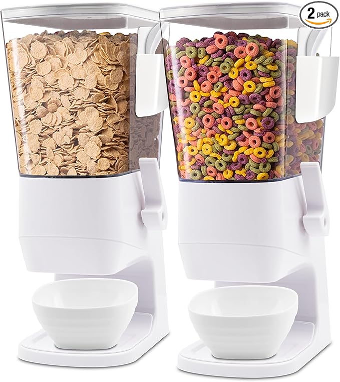 Cereal Dispenser Countertop 2Pcs, 3.2L Cereal Containers Storage Snack Dispenser with Bowls Spoons Cutlery Box, Dry Food Dispenser for Pantry, Storage Grains, Oatmeal Nut, Granola, White