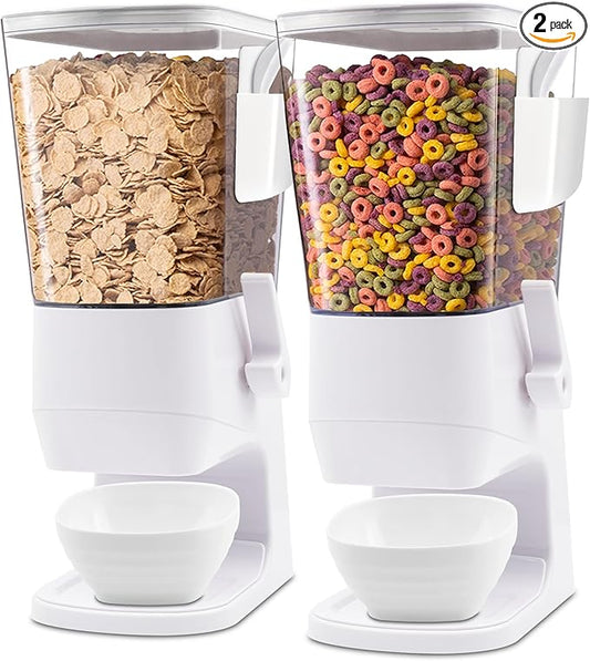 Cereal Dispenser Countertop 2Pcs, 3.2L Cereal Containers Storage Snack Dispenser with Bowls Spoons Cutlery Box, Dry Food Dispenser for Pantry, Storage Grains, Oatmeal Nut, Granola, White