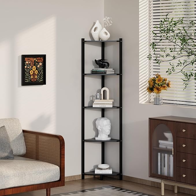 Wisuce Corner Shelf, 100% Real Bamboo Shower Corner Shelves Free Standing Shelf Storage Organizer for Bathroom Living Room Kitchen (Black, 5 Tier)
