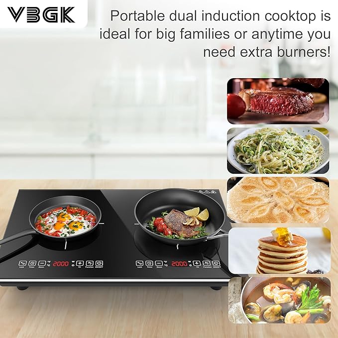 VBGK Double Induction Cooktop,110V 4000W Electric burner,2 burner Hot Plate LED Sensor Touch Energy-Saving induction stove top with Child Safety Lock & Timer 2 burner induction cooktop