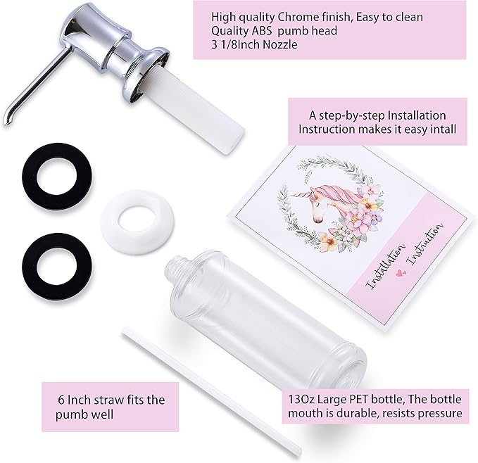 Soap Dispenser for Kitchen Sink Chrome Upgrade Built-in and Refill-from-Top Design with Liquid Hand & Dish Soap Bottle