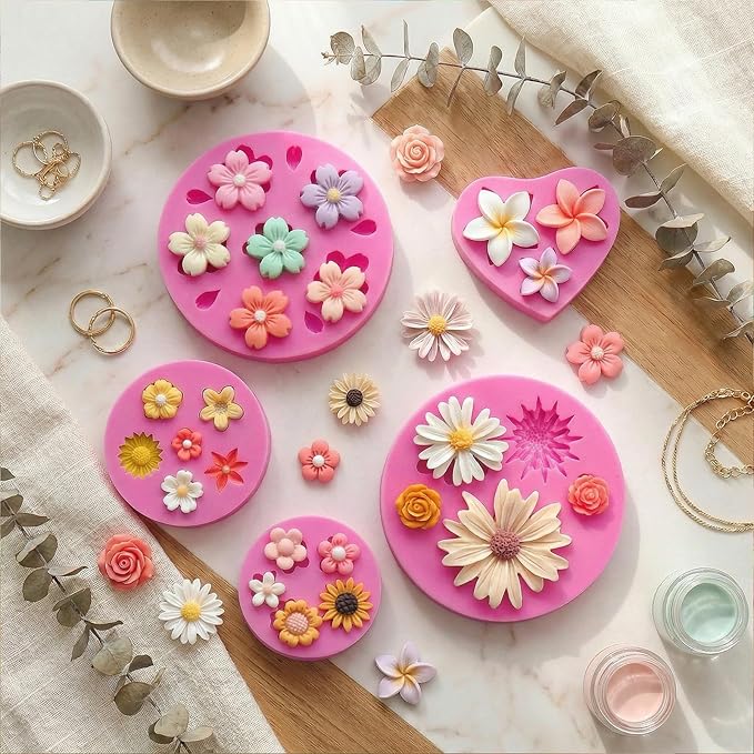 5 Pcs Flower Fondant Molds Flower Rose Daisy Silicone Chocolate Mold for Candy Fondant Polymer Clay Soap Ice Cube Crafting and Cake Cupcake Decoration