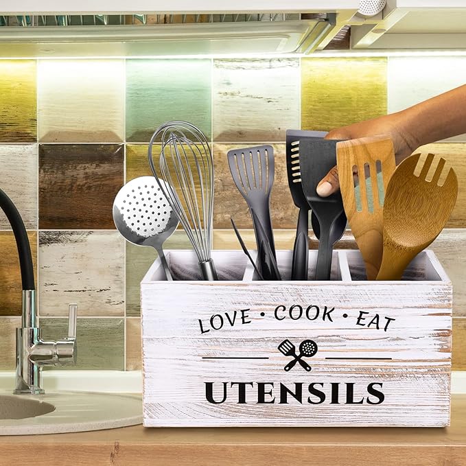 MINCORD Wood Kitchen Utensil Caddy with 3 Compartments, Rustic Farmhouse Style, Ideal for Storage and Organization, White