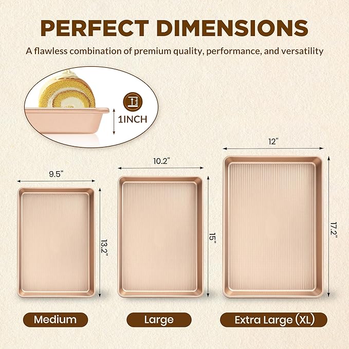 Professional Non-Stick Baking Sheets Set, 3-Piece Heavy Duty Carbon Steel Cookie Sheets with Oven Safe & Even Heating for Baking, Roasting, Cooking (Champagne Gold)