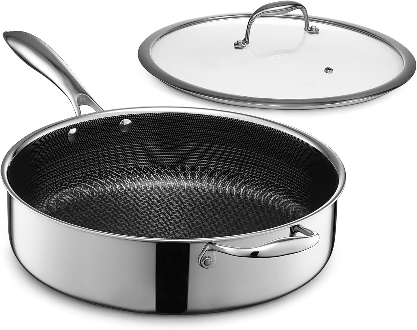 HexClad Hybrid Nonstick 5.5-Quart Deep Sauté Pan with Tempered Glass Lid, Stay-Cool Handle, Dishwasher-Friendly, Oven-Safe Up to 900°F, Induction Ready, Compatible with All Cooktops
