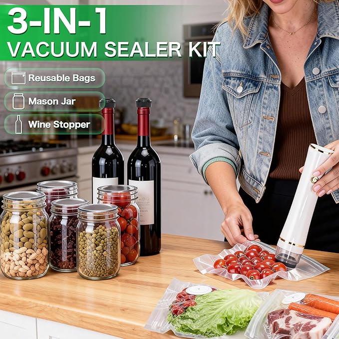 Compact Vacuum Sealer for Food Storage & Preservation,with Reusable Bags, Ultra-long 100-minutes Vacuuming Time,Chef-Preferred 6X Freshness Keep for Home Kitchen RV Travel Seal Meal
