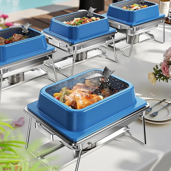 KScocina Chafing Dishes for Buffet, 4 Pack 5QT Square Stainless Steel Chafing Dish Set, Complete Buffet Warmer for Home Parties, Christmas & Catering Events (Blue)