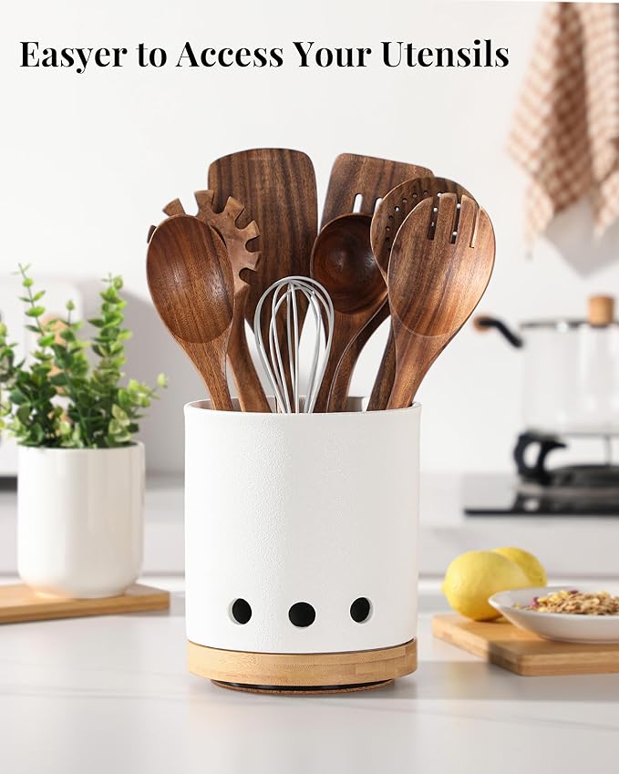 LoeJan 360° Rotating Ceramic Utensil Holder for Kitchen Countertop – Cooking Utensil Crock Organizer with Non-Slip Cork Base for Farmhouse Kitchen Decor, Textured White