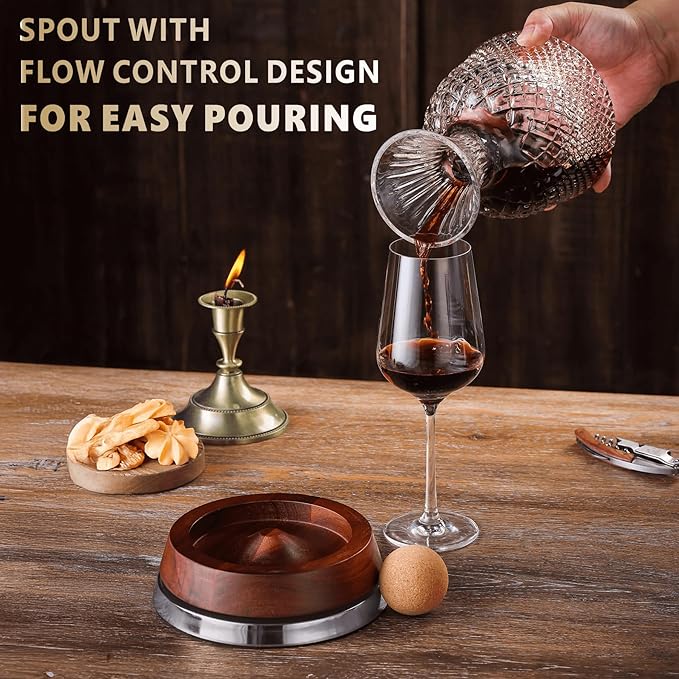 Rotating Wine Decanter Set with Solid Wood Base, Fun Crystal Glass Wine Carafe, Red Wine Decanter, Wine Accessories, Wine Gifts, Perfect for Home Bar (Silver Accents)