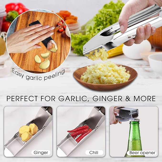 Garlic Press Stainless Steel - No Need to Peel Garlic Mincer & Crusher - 304 Inox, 7.34 Oz, Large Trough - Ergonomic Handle, Easy to Clean, Dishwasher Safe (2 Years Warranty) (Orange)