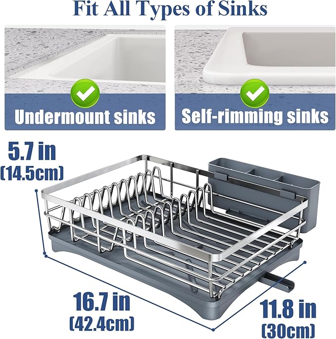 SNTD Dish Drying Rack for Kitchen Counter - Stainless Steel Dish Rack with Drainboard, Large Dish Drainer with Utensil Holder for Sink, Silver