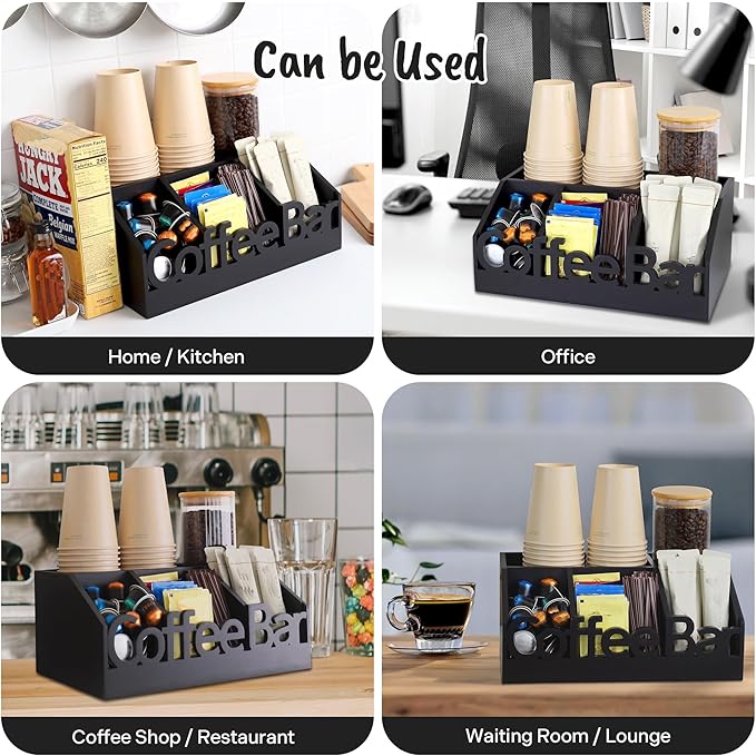 Coffee Bar Organizer for Countertop – Wooden Coffee and Tea Station Caddy with Tray for Pods, Cups, Condiments, and Accessories – Kitchen or Office Counter Storage (Medium Size -Black)