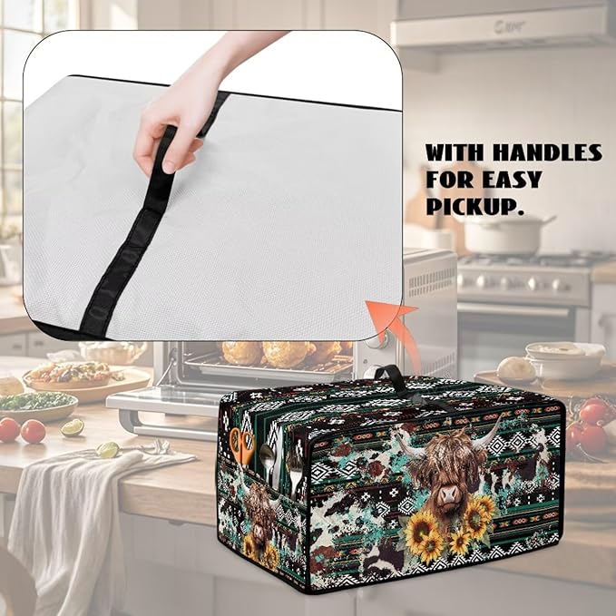 Toaster Oven Dust Cover Washable Fabric Convection Oven Cover Protector Compatible with Various Small Kitchen Appliances, L, Aztec Highland Cow Sunflower