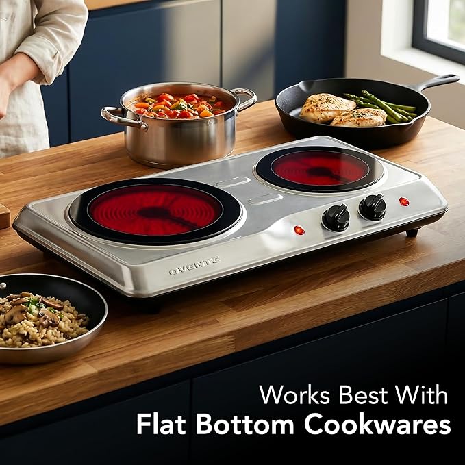 OVENTE Countertop Infrared Double Burner, 1700W Electric Hot Plate and Portable Stove with 7.75" and 6.75" Ceramic Glass Cooktop, 5 Level Temperature Setting and Easy to Clean Base, Silver BGI102S