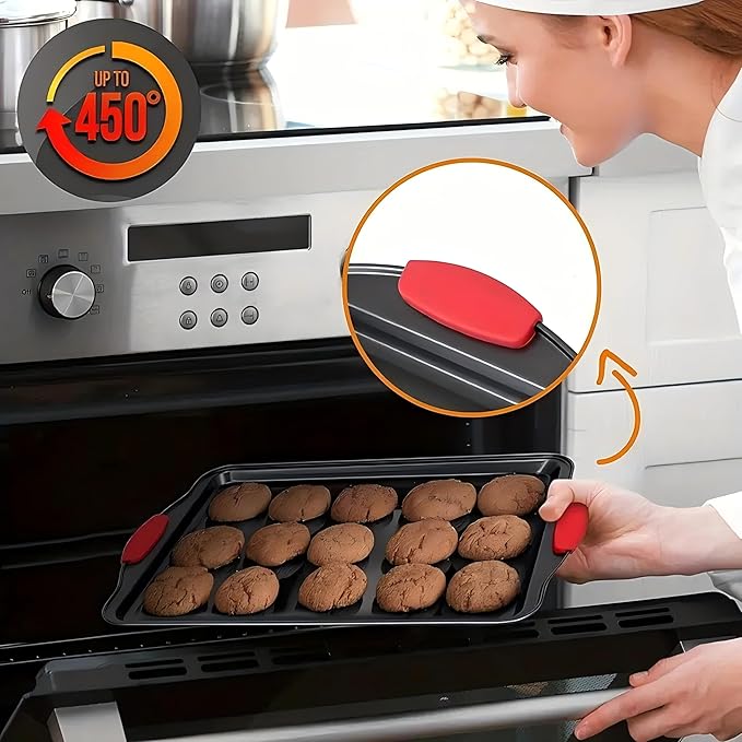 3PCS Carbon Steel Non-Stick Baking Pan | Commercial Restaurant Grade, Double-Sided Non-Stick Coating, Luxurious & Stylish Design with Red Silicone Handle - Oven Safe Kitchen Bakeware
