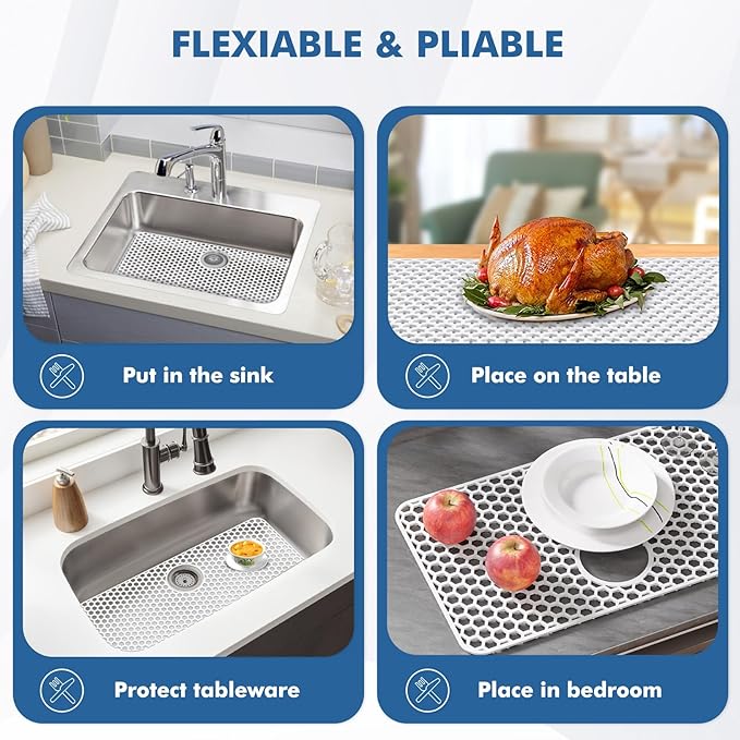 Bestjing Silicone Sink Protectors for Kitchen Sink with Rear Drain - 28.3"x 15.7" Non-Slip Heat Resistant Mat for Bottom of Farmhouse Stainless Steel Porcelain (White)
