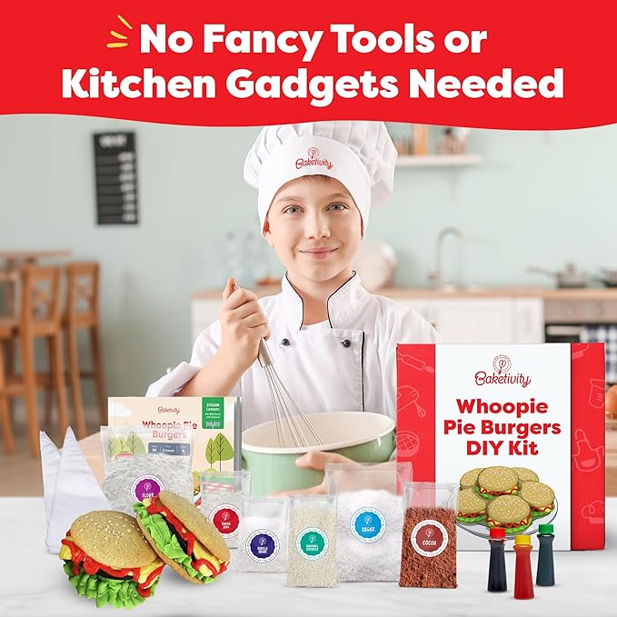 Baketivity Whoopie Pie Burgers Baking Kit for Kids Set - Real Cooking Set for Girls & Boys Ages 5-12 - Baking Kit with Premeasured Ingredients, STEM Kit for Kids with Instructions