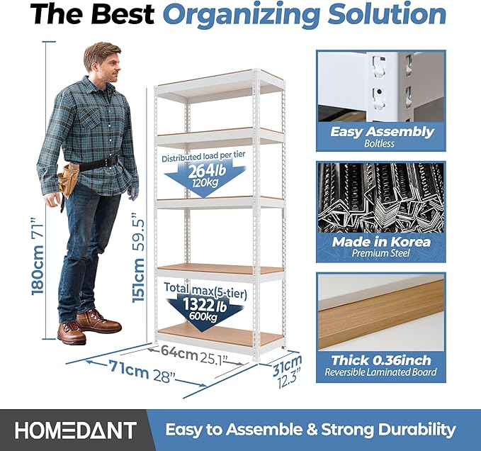 HOMEDANT 5 Tier Laminated White Boltless Metal Shelving Unit Adjustable Garage Storage Utility Rack Heavy Duty Shelves Organization Multipurpose Shelf Warehouse Pantry 28" W x 12.3" D x 59.5" H 1Pack