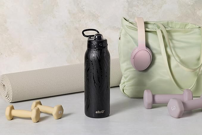 Ello Pop & Fill 22oz Stainless Steel Water Bottle with QuickFill Technology, Double Walled and Vacuum Insulated, Leak Proof Locking Lid, Straw and Chug, Fits Cupholder, Reusable BPA Free, Black Zebra