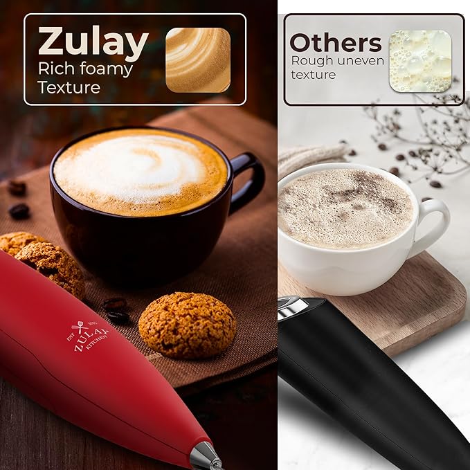 Zulay Kitchen Patented Tornado Triple Whisk Milk Frother with 4 Duracell Batteries – Handheld Foam Maker for Coffee, Lattes, Matcha & Hot Chocolate – Rich, Creamy Froth in Seconds - Cardinal Red