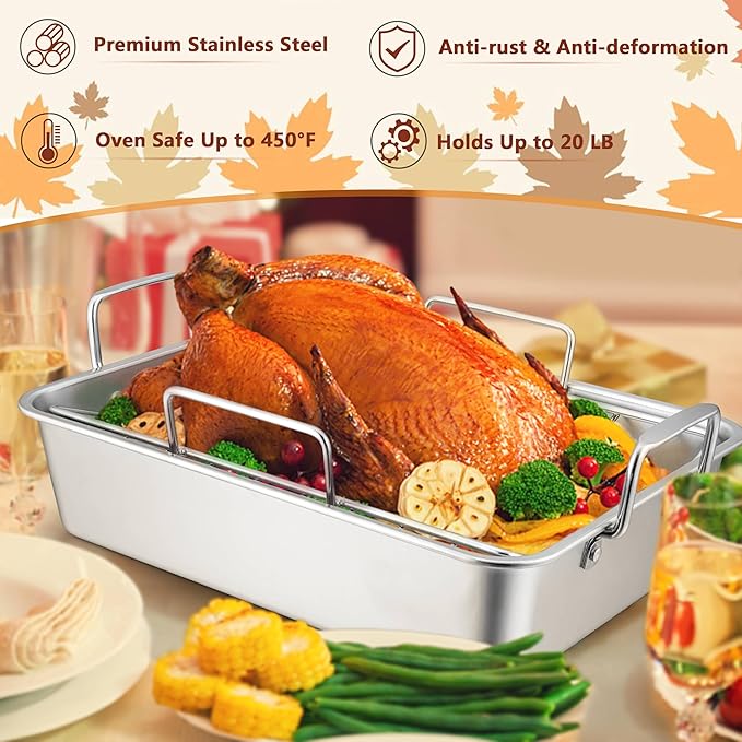 LIANYU 16 Inch Roasting Pan, Large Turkey Roaster with V-Shaped Rack and Baking Rack, Heavy Duty Stainless Steel Deep Broiling Lasagna Pan with Handle for Chicken, Dishwasher Safe