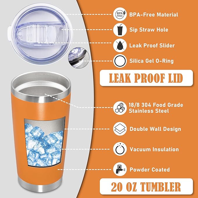 20 oz Tumbler Coffee Travel Tumblers Bulk with Lid Stainless Steel Double Wall Vacuum Insulated Mug Powder Coated Cups fit Car Cupholder for Hot and Cold - Orange, 1Pack