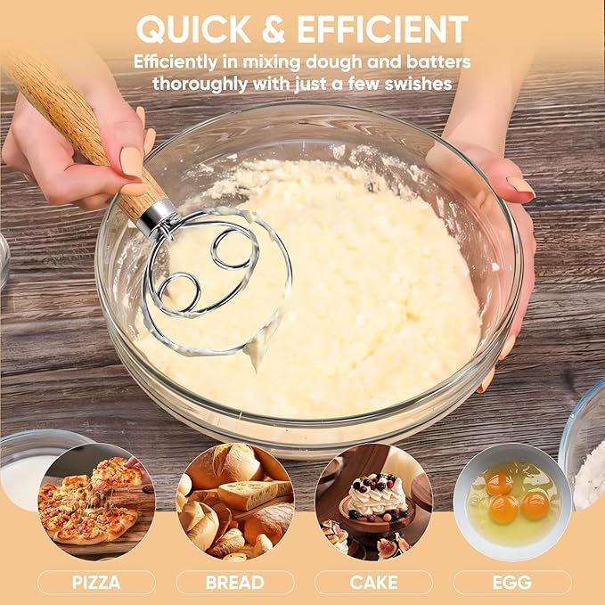 Maxjoy Danish Dough Whisk for Sourdough Bread Baking - Stainless Steel Hook with Wooden Handle