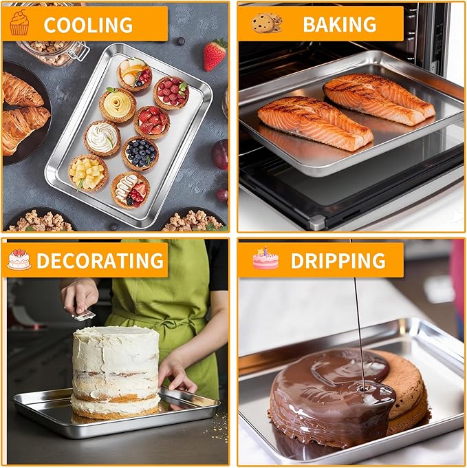 CEKEE Baking Sheet Set of 4, Stainless Steel Cookie Sheets for Baking, 0.8mm Heavy Duty Nonstick Baking Pans, 9/10/12/16 Inch Baking Trays for Oven, Non Toxic & Mirror Finish & Easy Clean