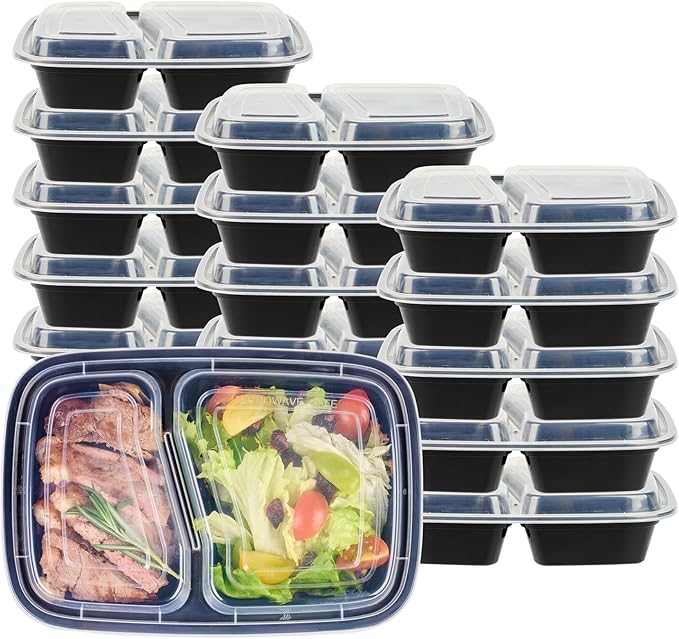 Restaurantware Asporto 32 Ounce Compartment Take Out Boxes 100 Microwavable Meal Prep Containers - 2 Compartments With Clear Plastic Lids Black Plastic Food Containers Do Not Contain BPA