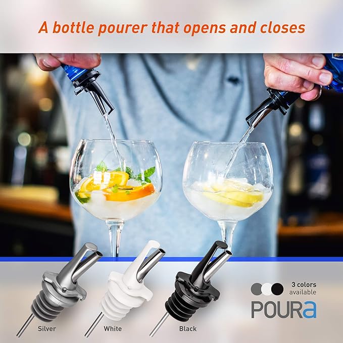Poura 4 Liquor Pour Spouts (Black) with Built-in Caps for Optimal Fly & Dust Protection - Dishwasher Safe, Hygienic Spouts - with 2 Adapters for Large Neck Bottles
