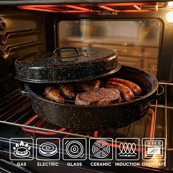 Oval Roasting Pan with Lid and Rack 18" Large Roaster Pan Set Comes With Lron Rack Enamel Cook Ware Dishwasher Compatibility Granite Oven Roaster