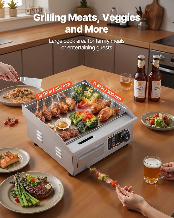 VEVOR Commercial Electric Griddle, 13.98 x 11.81 inch, 1750W, 122-570°F Adjustable Temp Control, Stainless Steel Countertop Flat Top Grill with 2 Spatulas and 2 Brushes, for Steak, Pancake, Squid