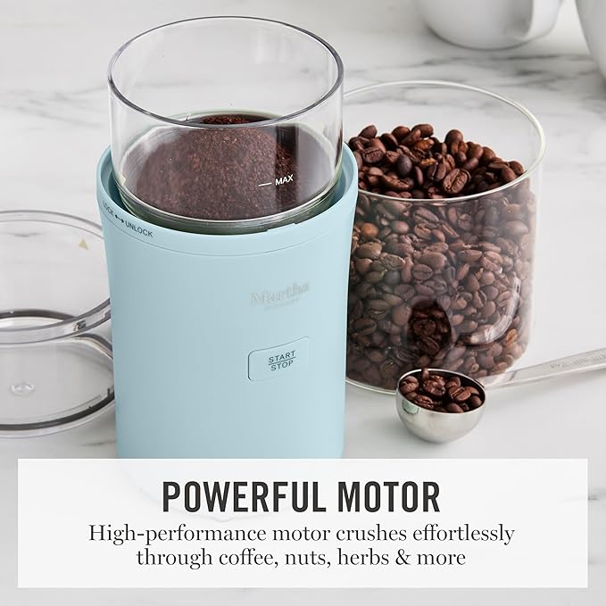 Martha Stewart Electric Coffee & Spice Grinder, Dual 2.5oz Removable Bowls, Storage Lids, Stainless Steel Blades, One Touch Pulse Control, 2-in-1 Compact, Beans & Spices, Herbs & Nuts, Sky Blue