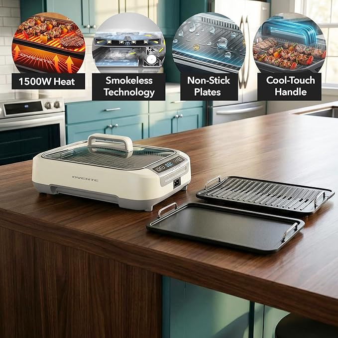OVENTE Smokeless Indoor Grill, 1500W Electric Portable Korean BBQ Grill with One-Touch Control, LED Smart Display, Tempered Glass Lid, Two Removable Non-Stick and Dishwasher Safe Plates, White SGR85W
