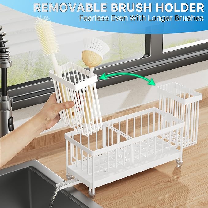 Cisily Sponge Holder for Kitchen Sink, Sink Caddy Organizer with High Brush Holder, Kitchen Countertop Organizers and Storage Essentials, Rustproof 304 Stainless Steel (White, 9.25″)