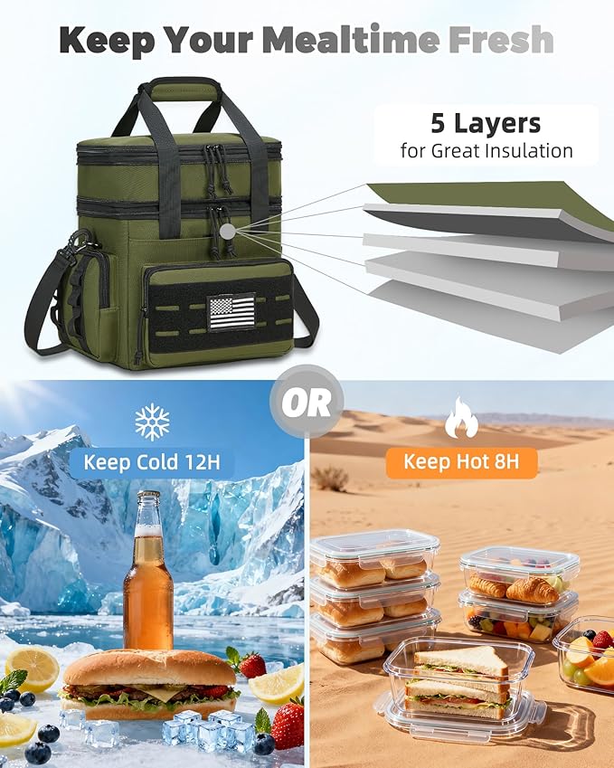 holuxer Tactical Lunch Bag & Lunch Box for Men - Large Double Deck Expandable Insulated Soft Adult Lunchbox for Work - Cooler Bag for Beach, Picnic, Camping,Outdoor，Travel (Green,16L)