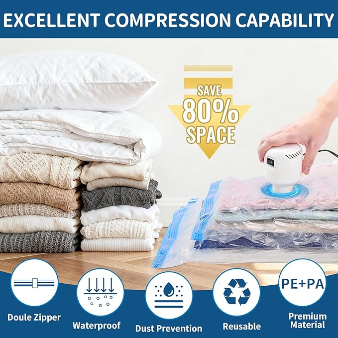 Vacuum Storage Bags with Electric Pump,8 Pack Extra Large Space Saving Vacuum Seal Bags for Bedding,Blanket,Comforters,Duvets,Pillows(8 Jumbo)