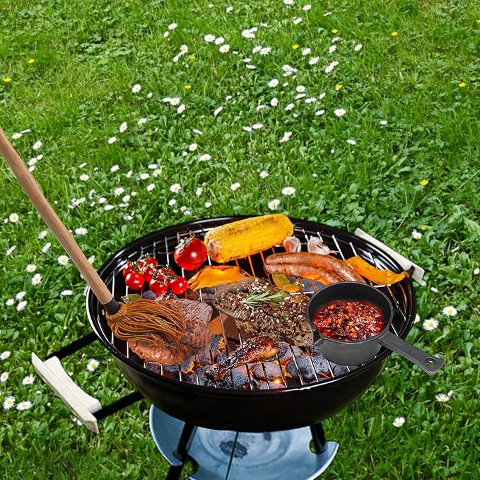 BBQ Mop Brush and Cast Iron Sauce Pot Set, 11-in-1 Value Pack includes 2Pcs Wooden Long Handle, 6 Brush Heads, 1 Cast iron BBQ Pan and 2 Silicone Brushes for Grilling all Types of Ingredients