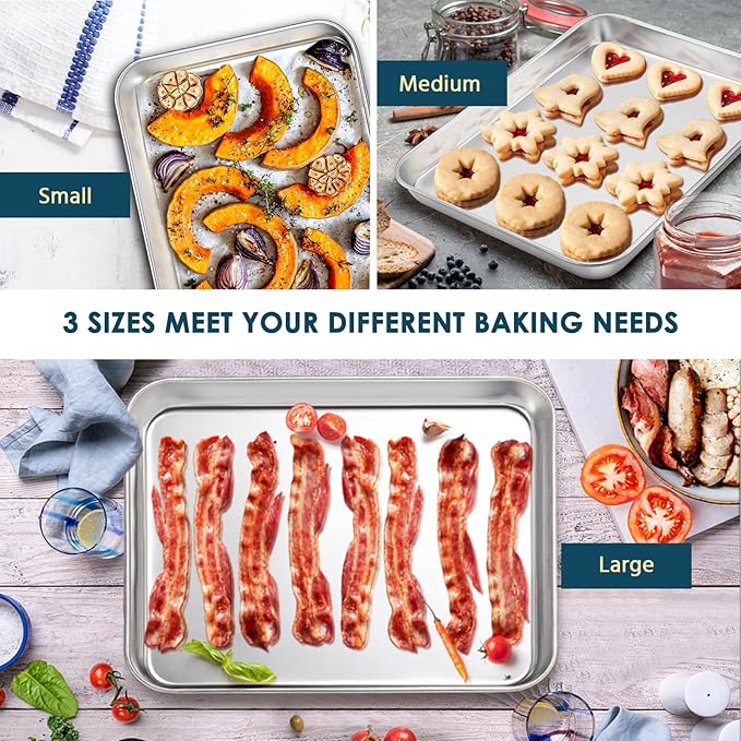 E-far Stainless Steel Baking Sheet Set of 3, 12.4”/10.5” /9.4” Cookie Sheet for Oven, Rimmed Metal Tray for Cooking Baking Bacon, Non-toxic & Dishwasher Safe