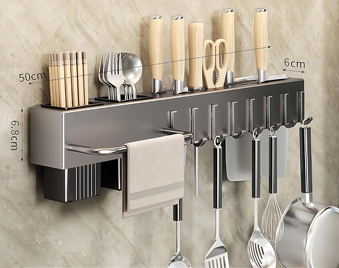 SEIDO Carbon Steel Utensil Rack – Space-Saving 20" L Kitchen Organizer with hooks & hanging bar, Gunmetal Gray Knife Holder, 2 Installation Options (Adhesive/Screwed)