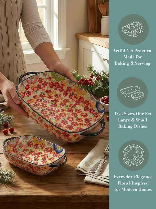 Polish Pottery Style Ceramic Baking Dish Set, 2-Piece Casserole Bakers for 2–3 People, Floral Decorative Bakeware, Oven Safe Lasagna Pan, Microwave Dishwasher Safe, Gift-Ready, Protective Packaging