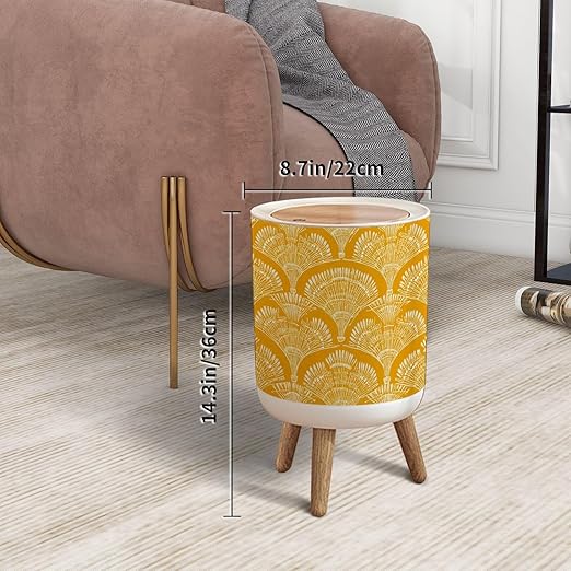 Trash Can with Lid seamless repeat abstract bohemian geometric white mustard yellow Press Top Round Small Garbage Bin with Wooden Legs Waste Basket for Kitchen Bedroom Nursery 7L/1.8 Gallon