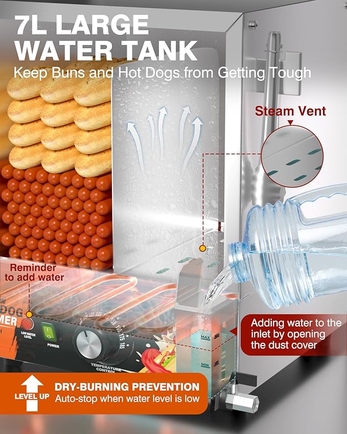 WantJoin Hot Dog Steamer Machine - 28.8QT Commercial Electric Stainless Steel Hotdog Machine with Bun Warmer Tempered Glass Steamer Machine for 160-175 Sausages and 30-40 Buns