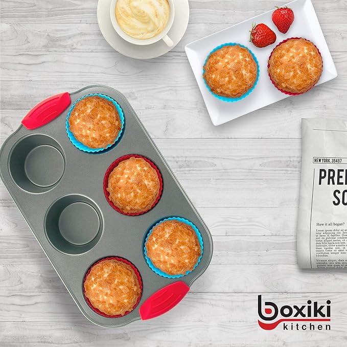 Boxiki Kitchen Baking Non-Stick Steel Jumbo 6 Cup Muffin Pan with Silicone Handles & Reusable Liners and 9x5 Inch Silicone Bread Loaf Pan - Ultimate Set for Muffins, Bread, Cakes, and More.