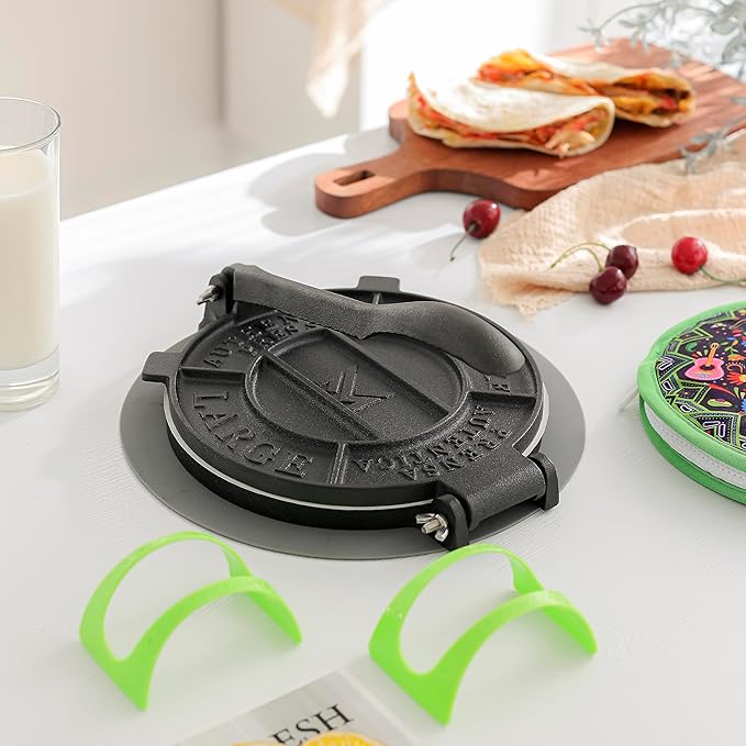 Movaluxe® Tortilla Press 8 Inch Cast Iron LARGE – Corn & Flour Roti Maker Machine Heavy Duty Tortillera Presser. With Parchment Paper, Warmer Pouch, Taco Holders, Rubber Mat & Digital Culinary Guide