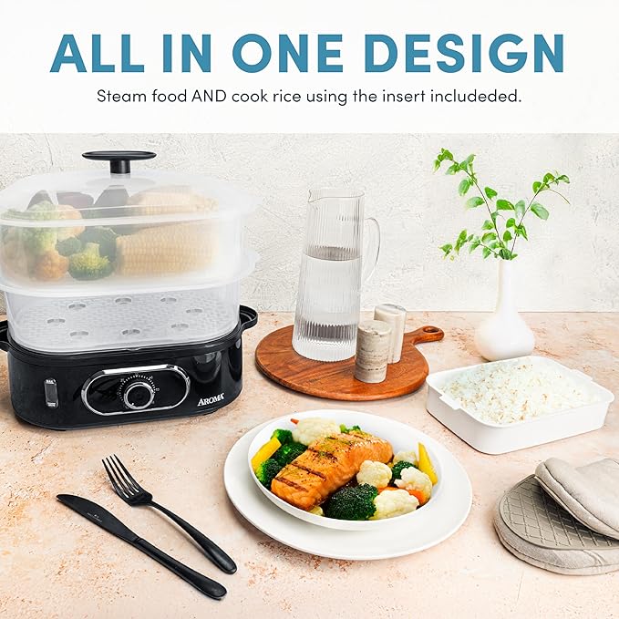 AROMA® Double Food Steamer Basket and Electric Rice Steamer with Easy-Read Water Level and Timer